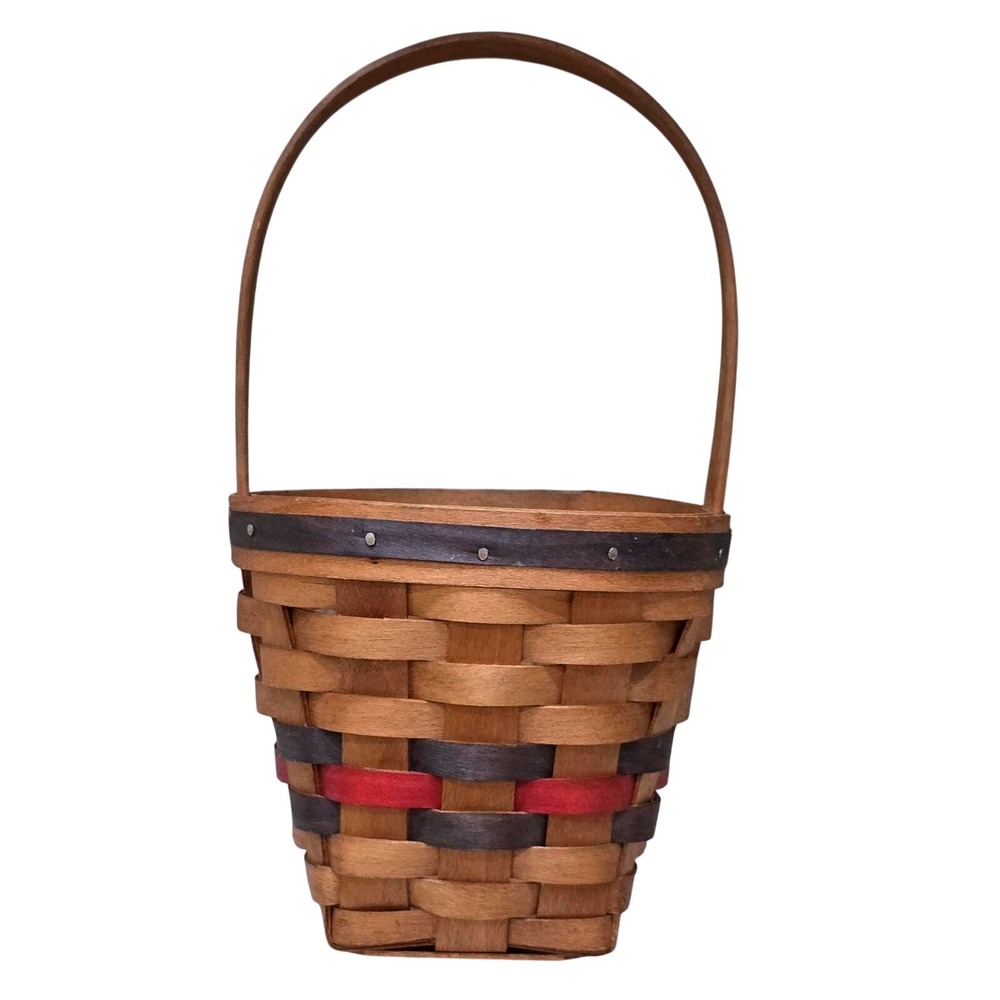 Woven Wood Basket with Handle Rustic Farmhouse Decor 1996 Red Gray Trim‎ Vintage